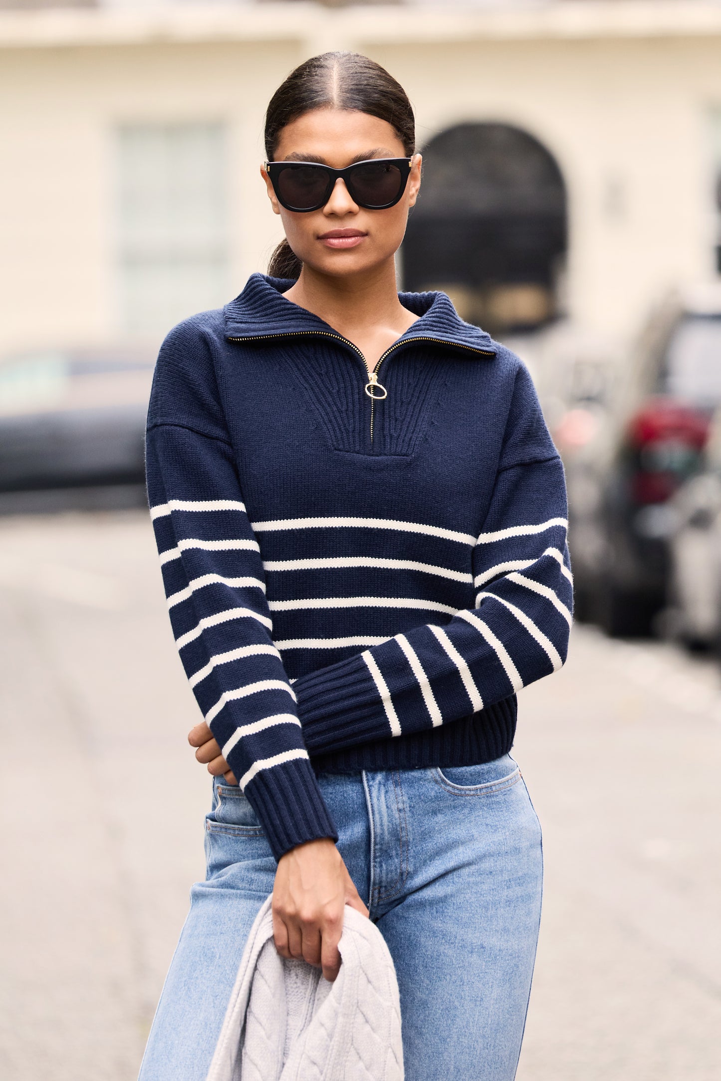 Navy and Cream half zip jumper made from merino wool and cashmere