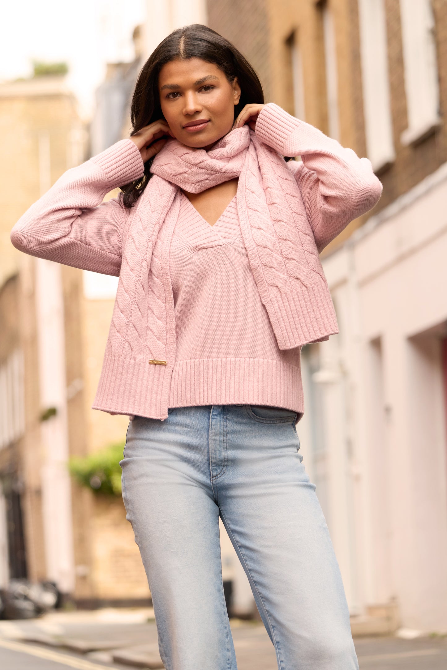 Pink V neck jumper made from merino wool and cashmere