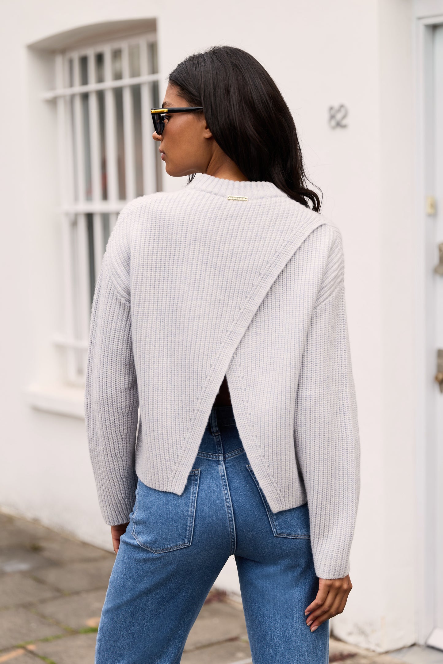 Grey Crew open back jumper made with Merino wool and cashmere