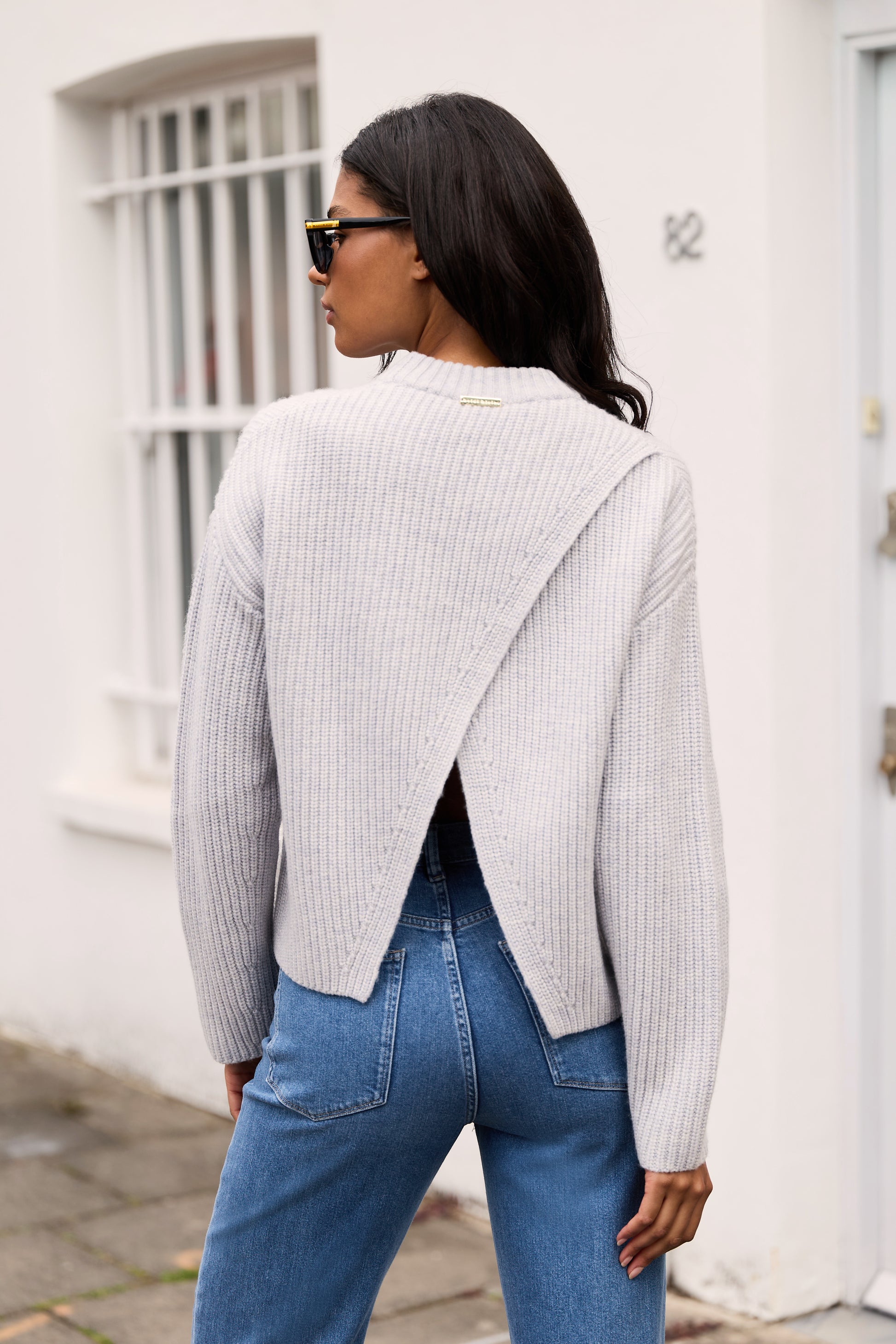 Grey Crew open back jumper made with Merino wool and cashmere