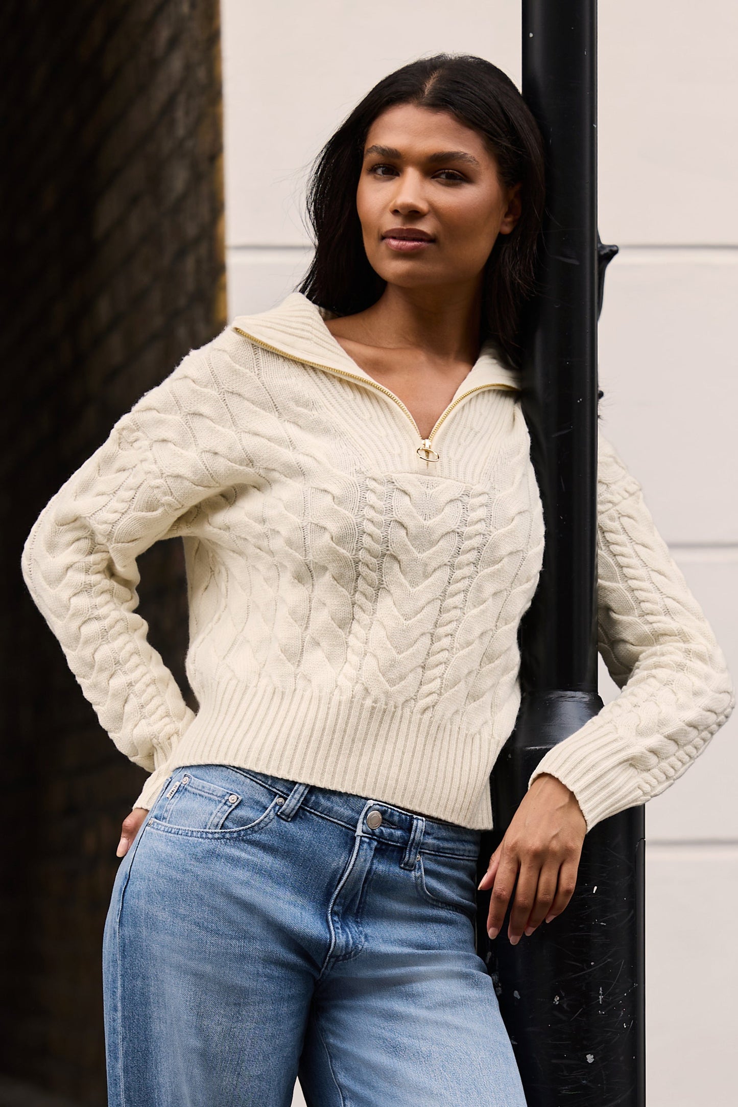 Cream half zip jumper made from merino wool and cashmere