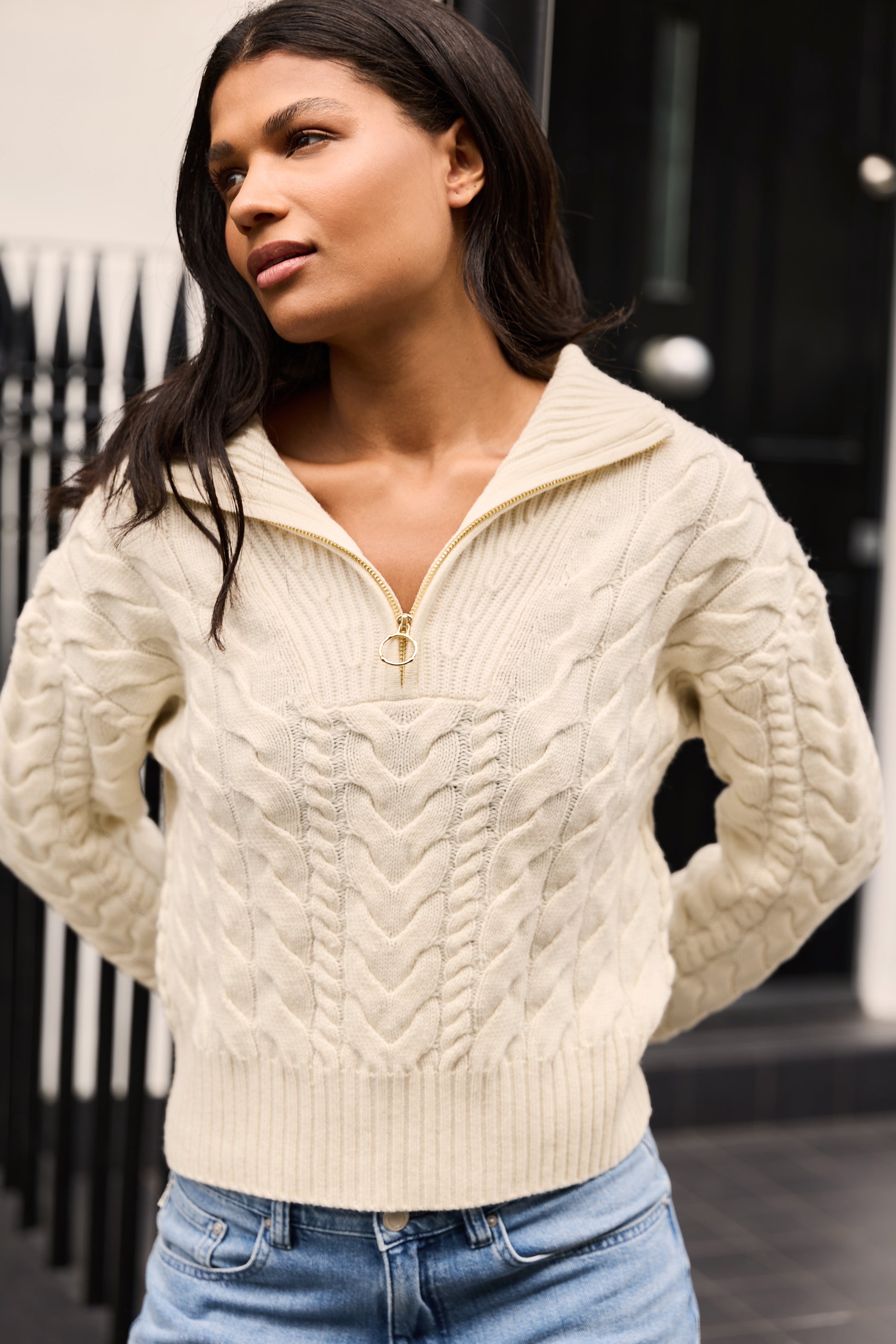 Cream half zip jumper made from merino wool and cashmere