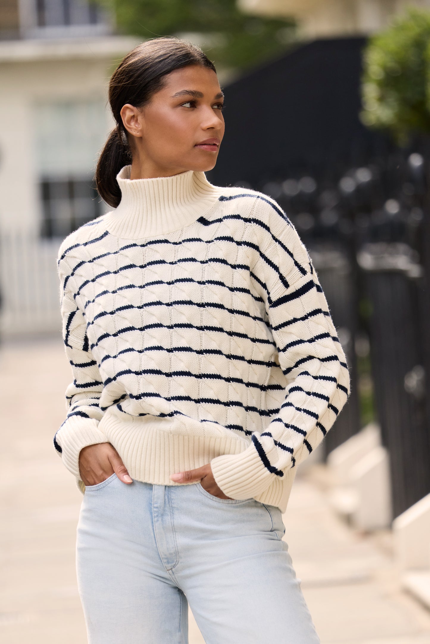 Nautical stripe cable knit mock neck jumper made from merino wool and cashmere