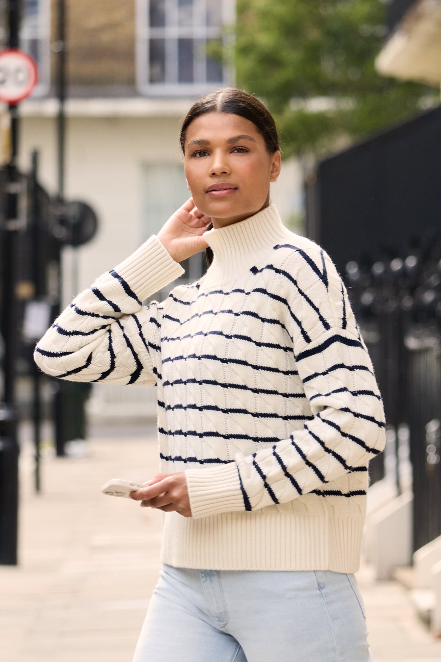Nautical stripe cable knit mock neck jumper made from merino wool and cashmere