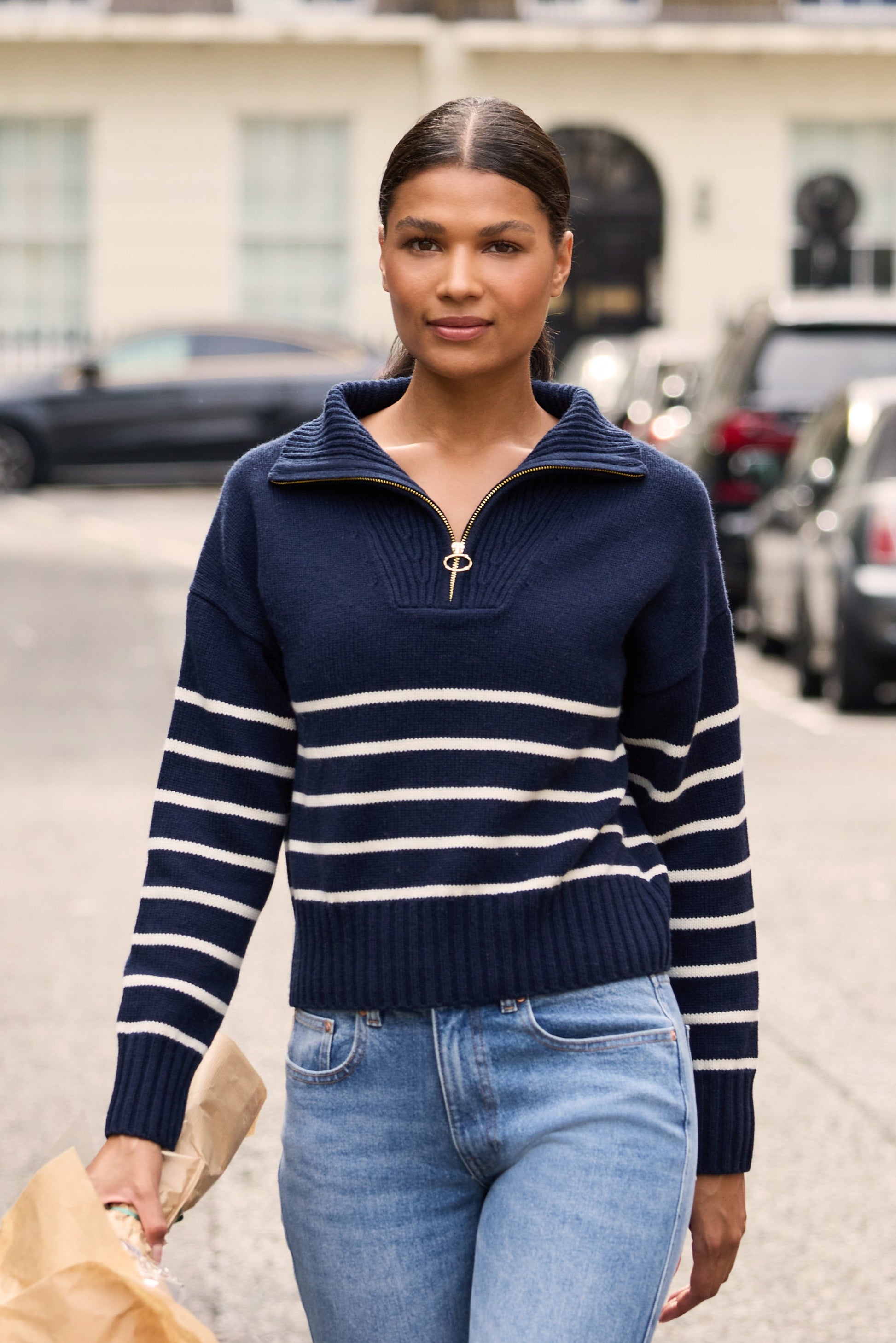 Navy and Cream half zip jumper made from merino wool and cashmere