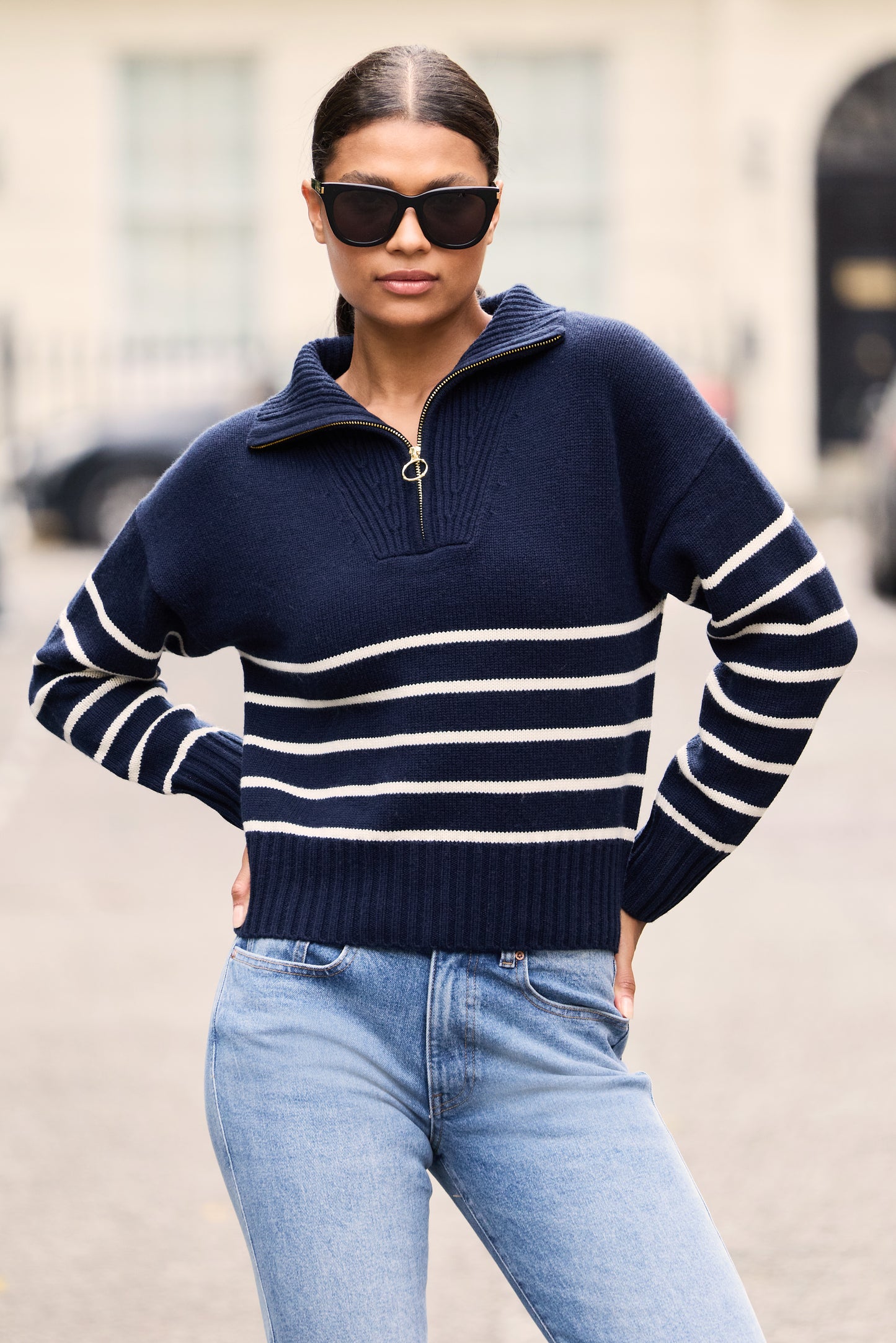 Navy and Cream half zip jumper made from merino wool and cashmere