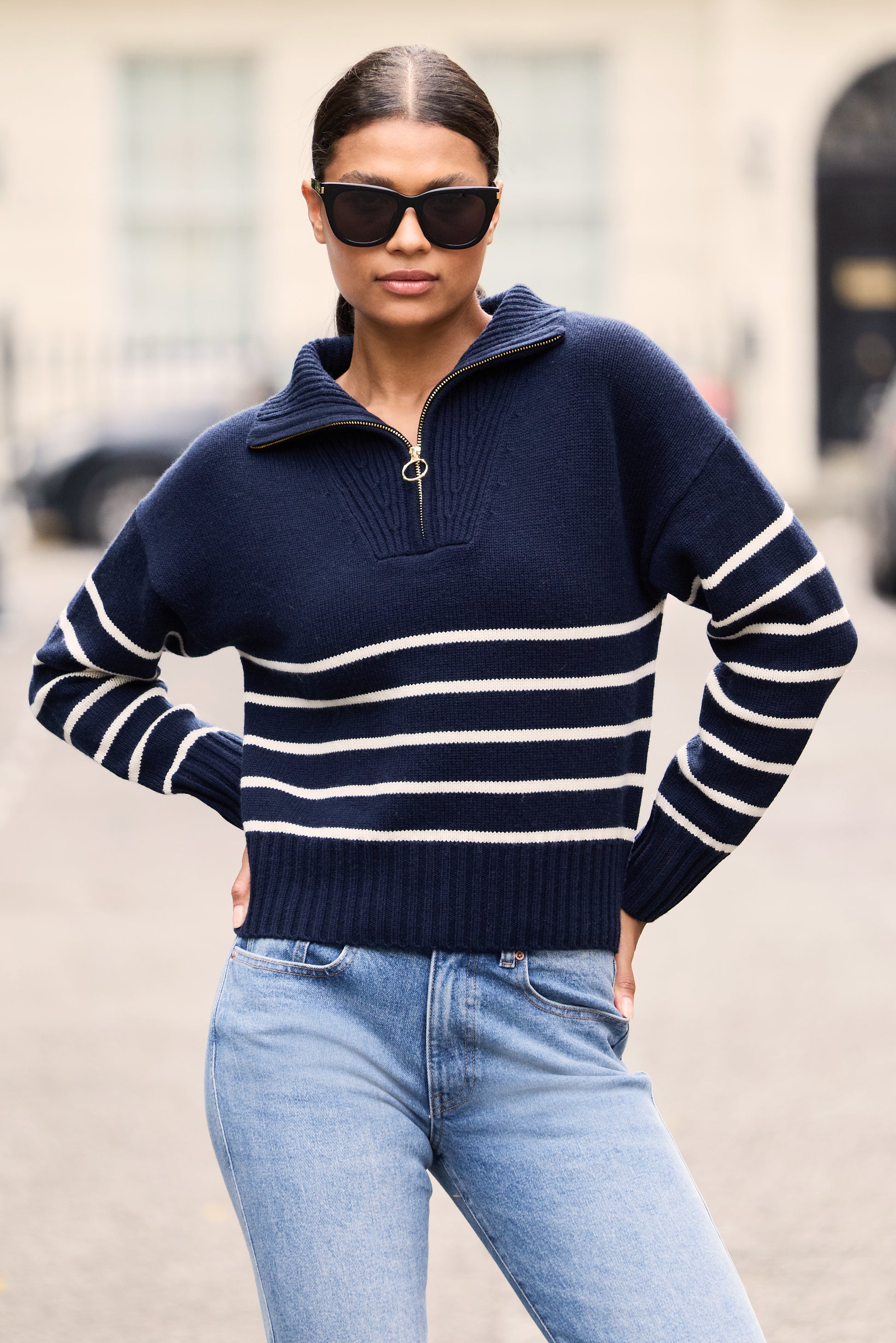 Navy and Cream half zip jumper made from merino wool and cashmere