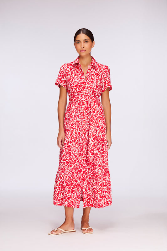 Red Floral Cheesecloth Shirt Dress