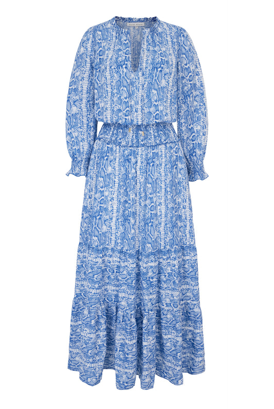 Blue Snake Smocked Waist Maxi Dress