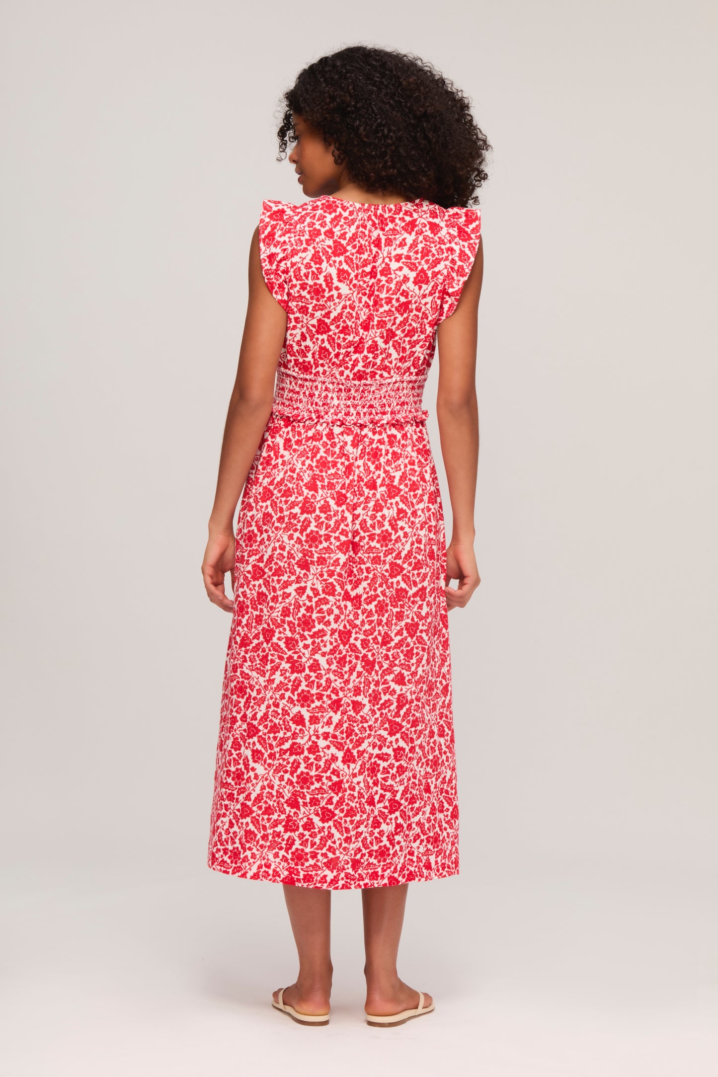 Red Floral Cheesecloth Smocked Midi Dress