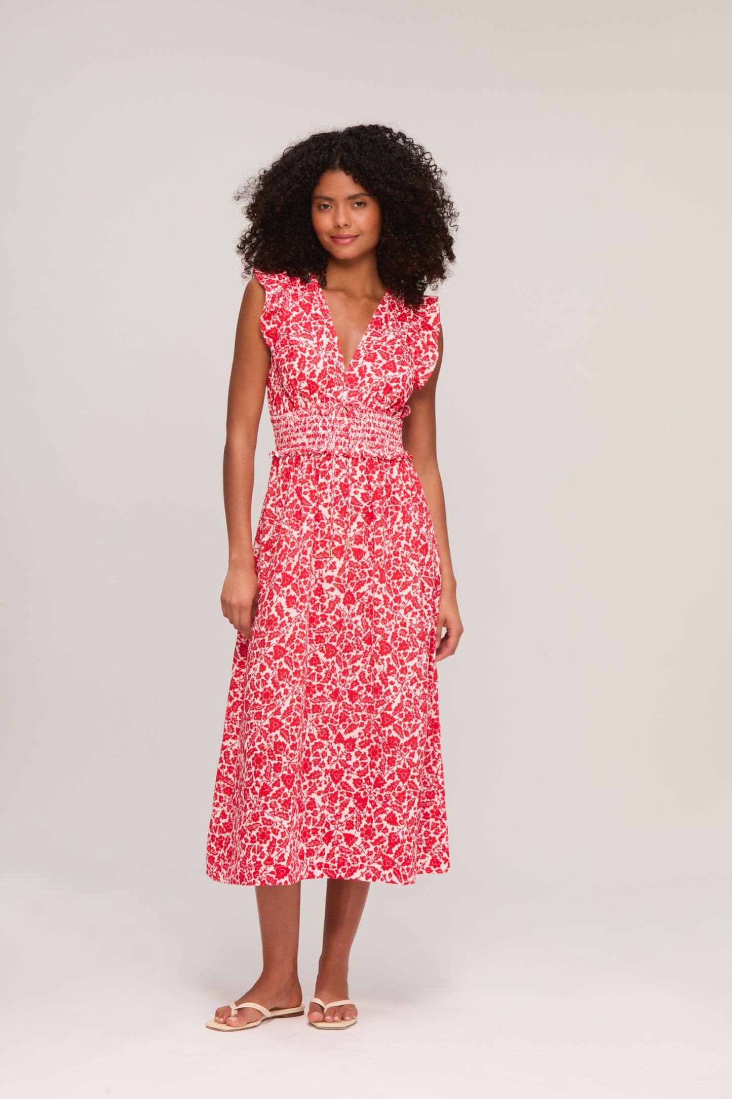 Red Floral Cheesecloth Smocked Midi Dress