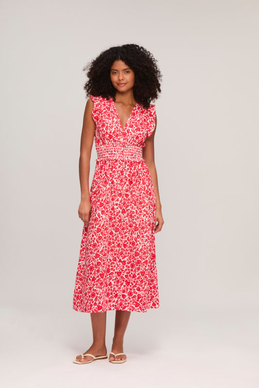 Red Floral Cheesecloth Smocked Midi Dress