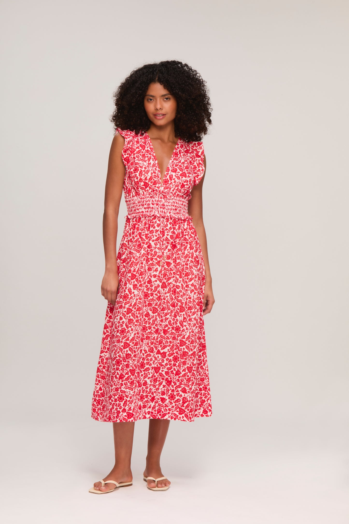 Red Floral Cheesecloth Smocked Midi Dress