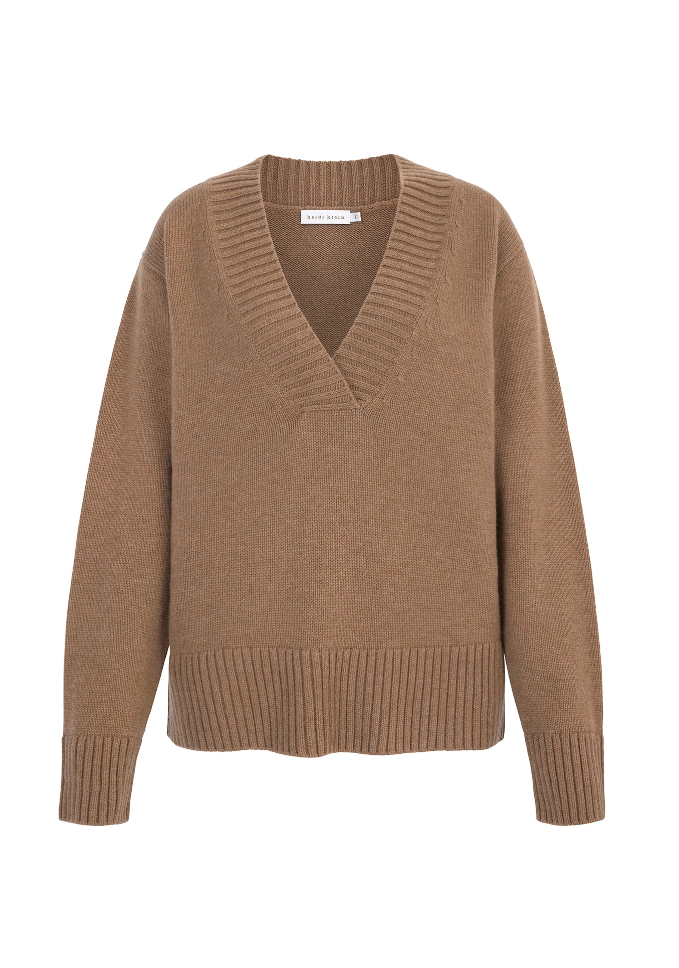Camel V neck jumper made from merino wool and cashmere 