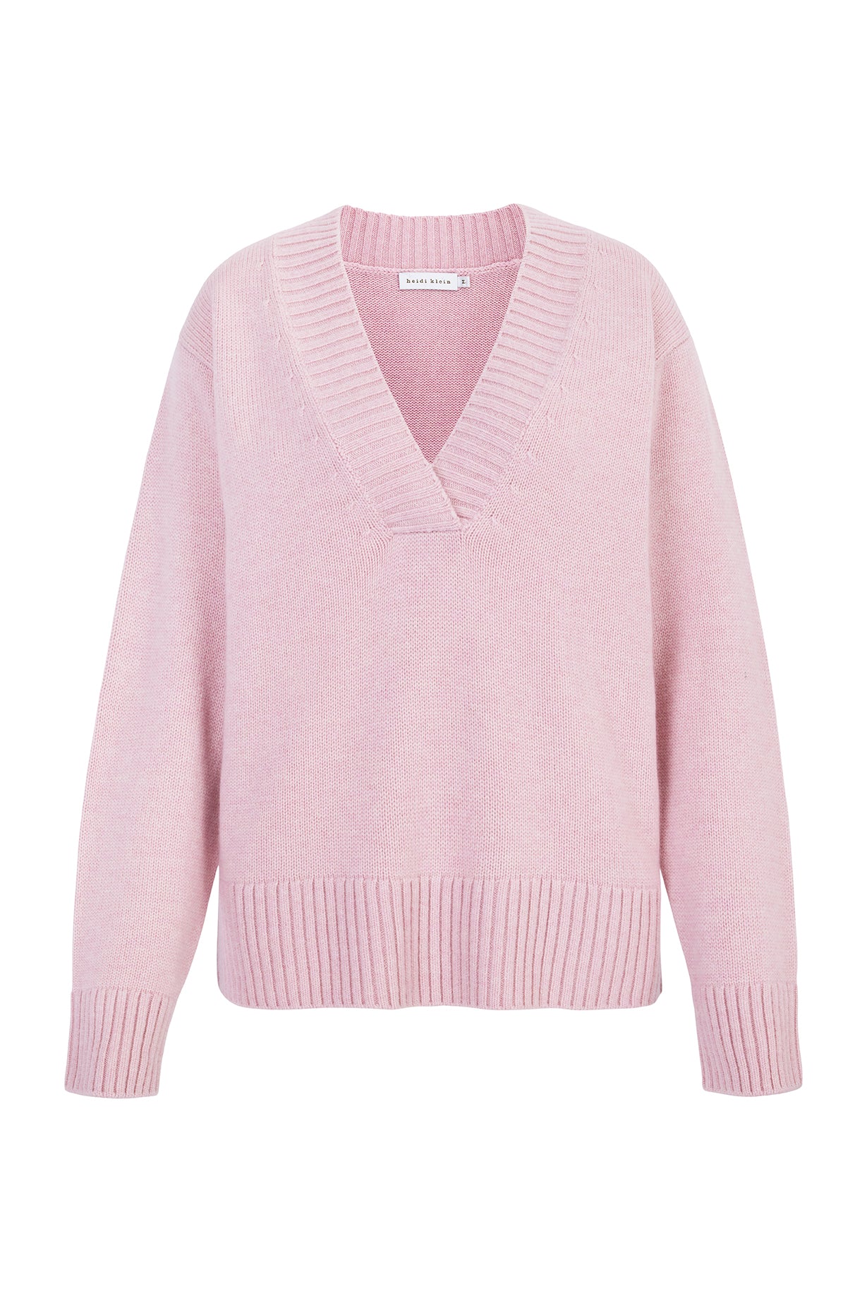 Pink V neck jumper made from merino wool and cashmere