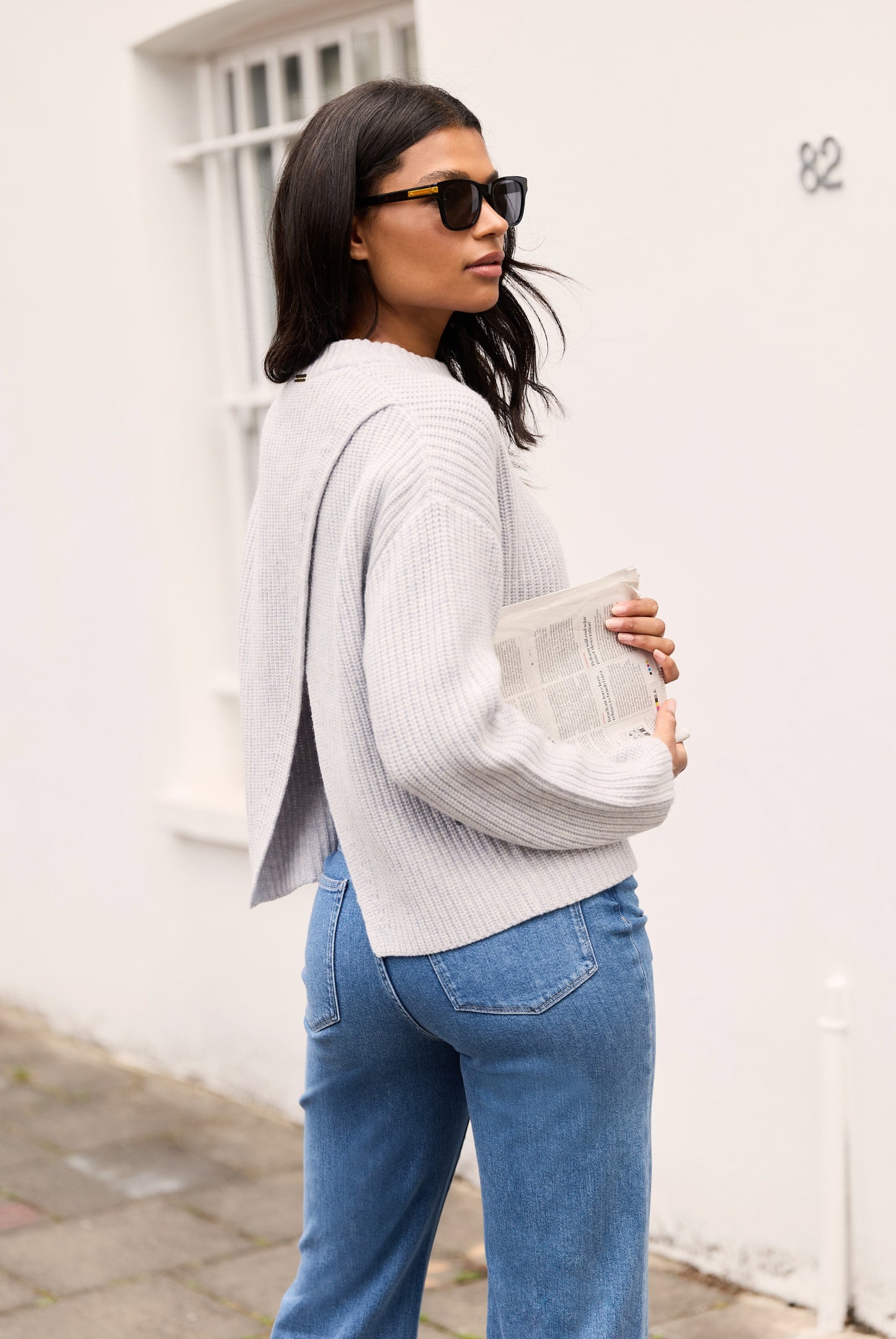 Grey Crew open back jumper made with Merino wool and cashmere