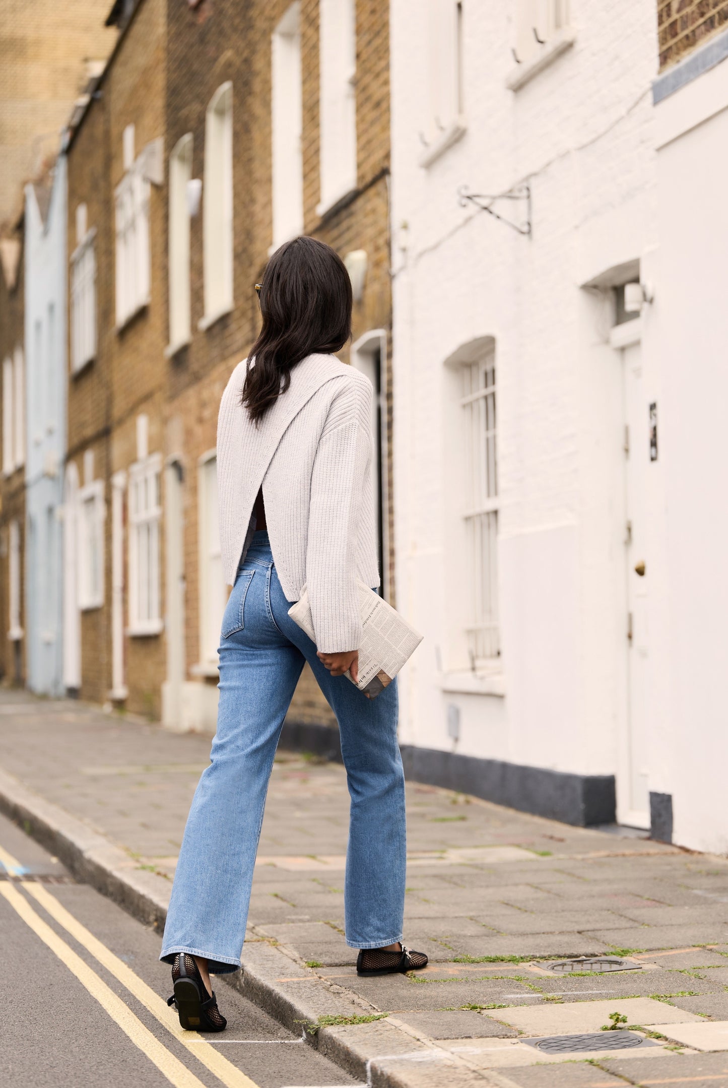 Grey Crew open back jumper made with Merino wool and cashmere