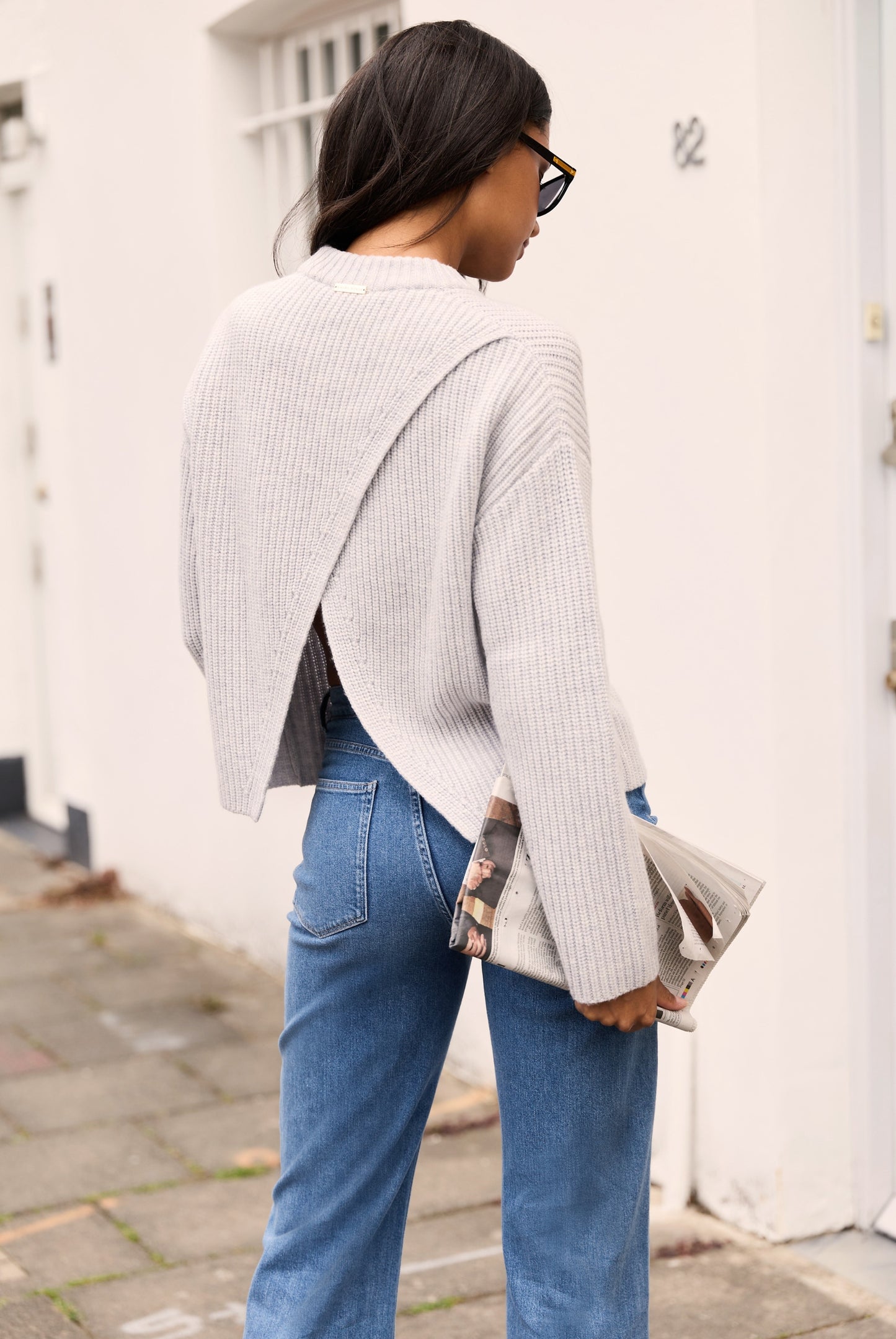 Grey Crew open back jumper made with Merino wool and cashmere