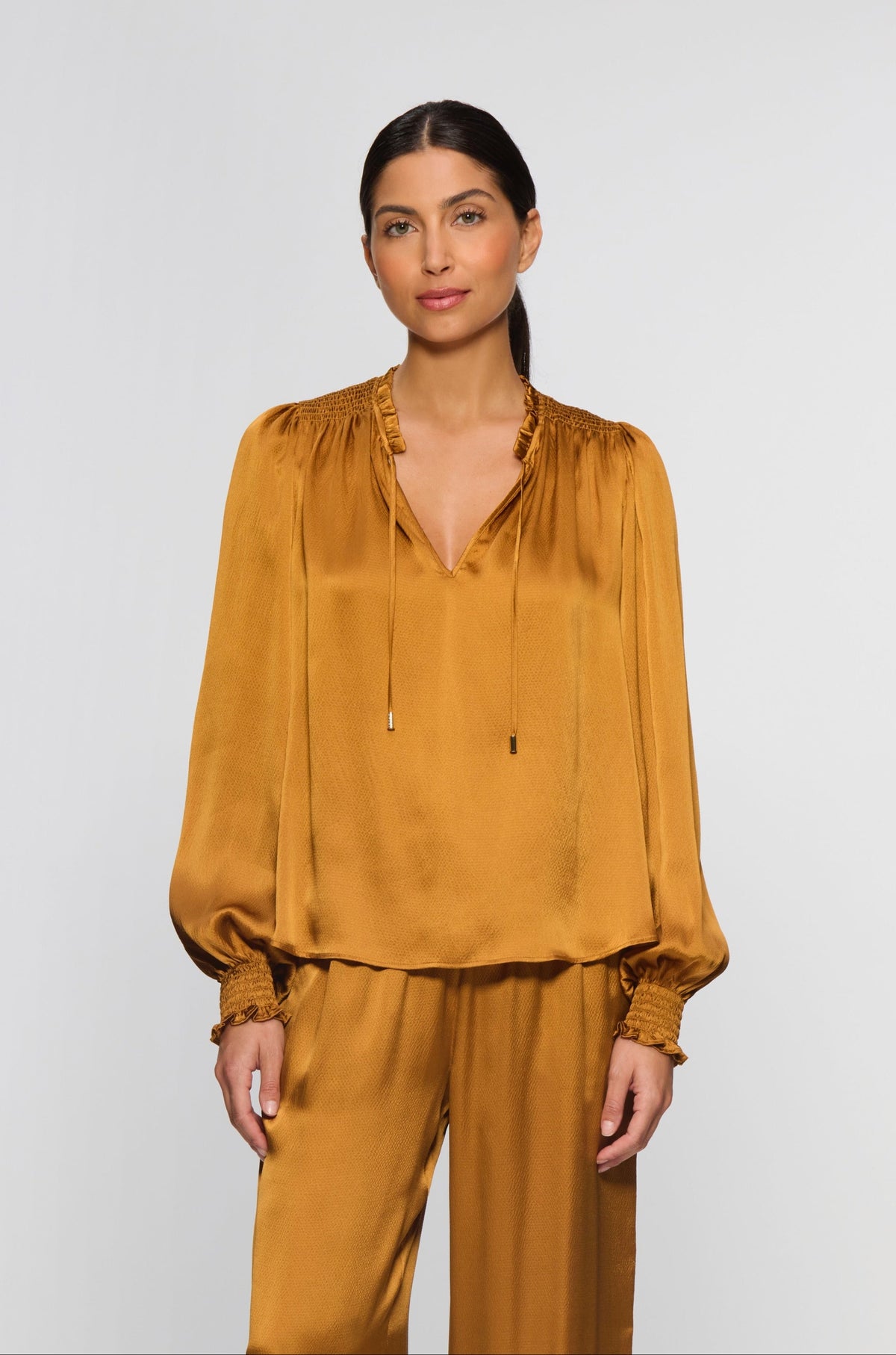 Atrani Silk Smocked Shoulder Blouse