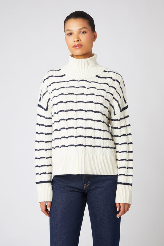 Cream and Navy St Moritz Cable Knit Mock Neck Jumper