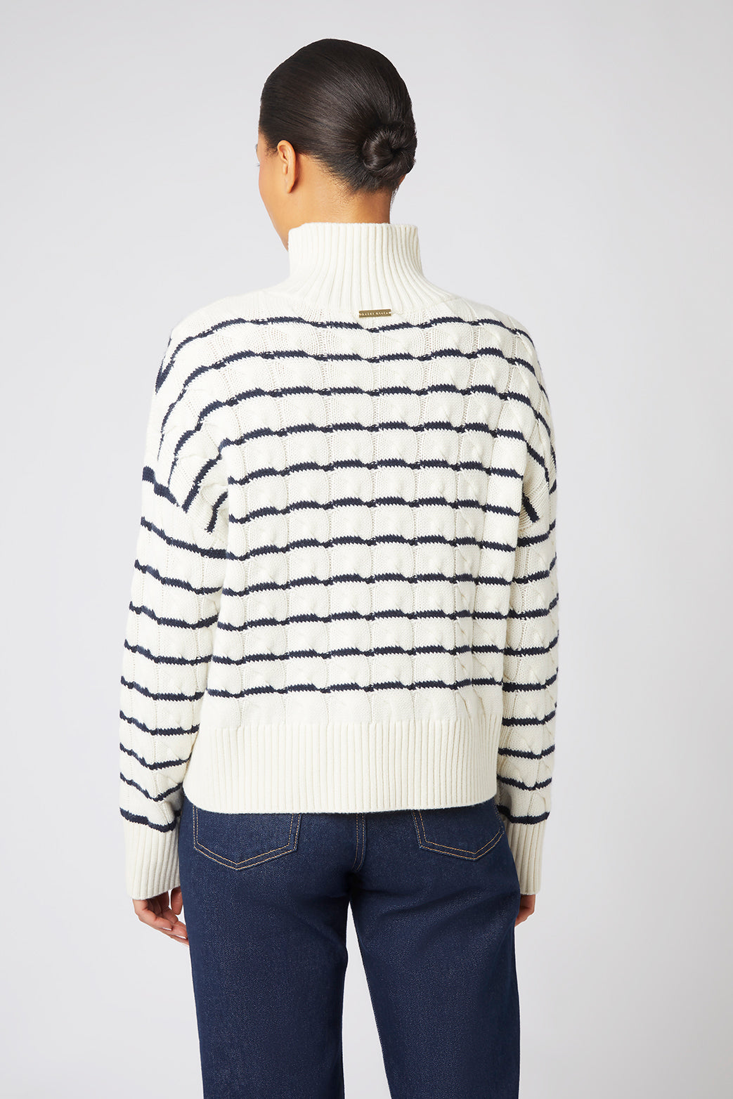 Cream and Navy St Moritz Cable Knit Mock Neck Jumper