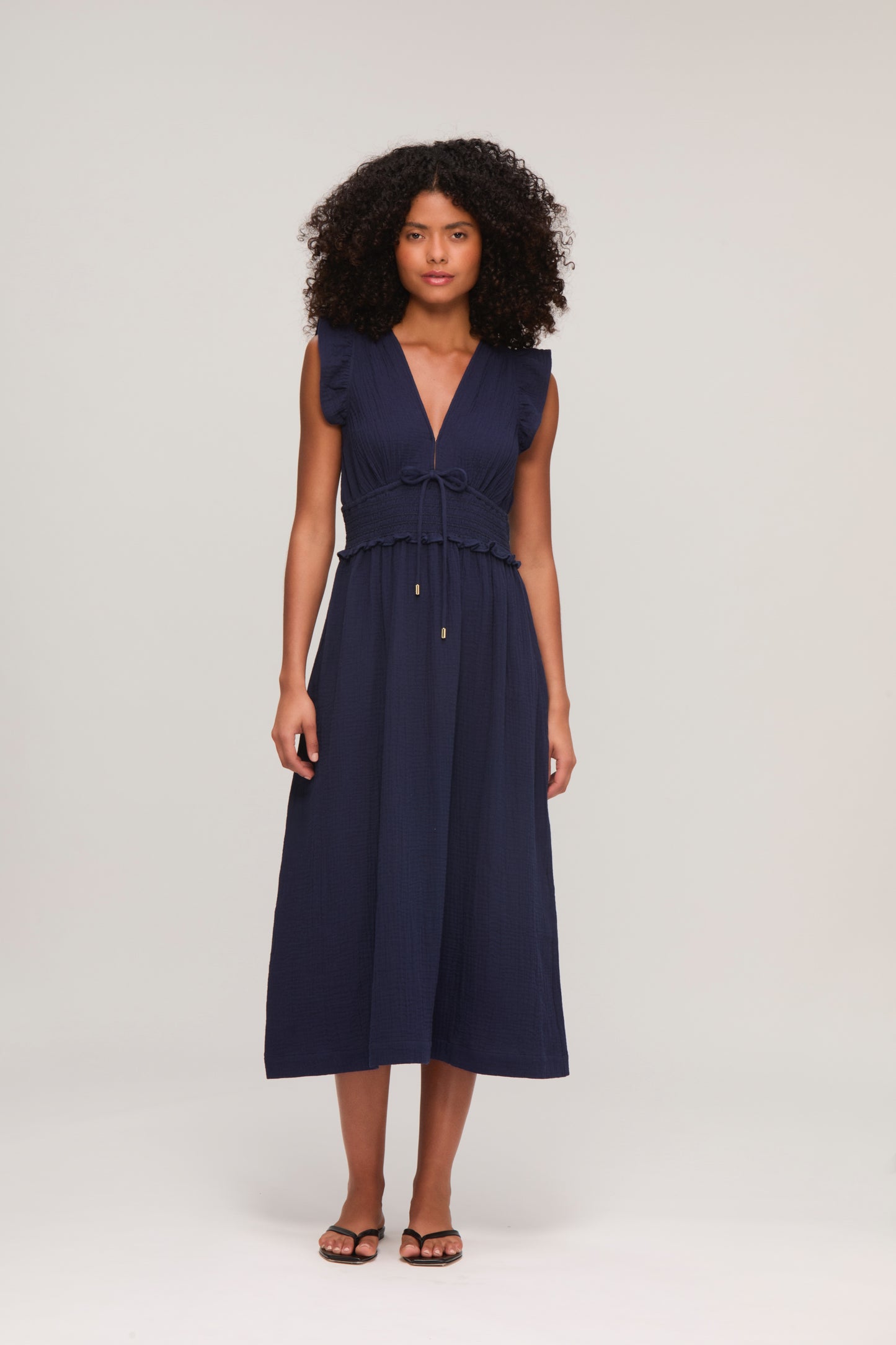 Navy Cheesecloth Smocked Midi Dress