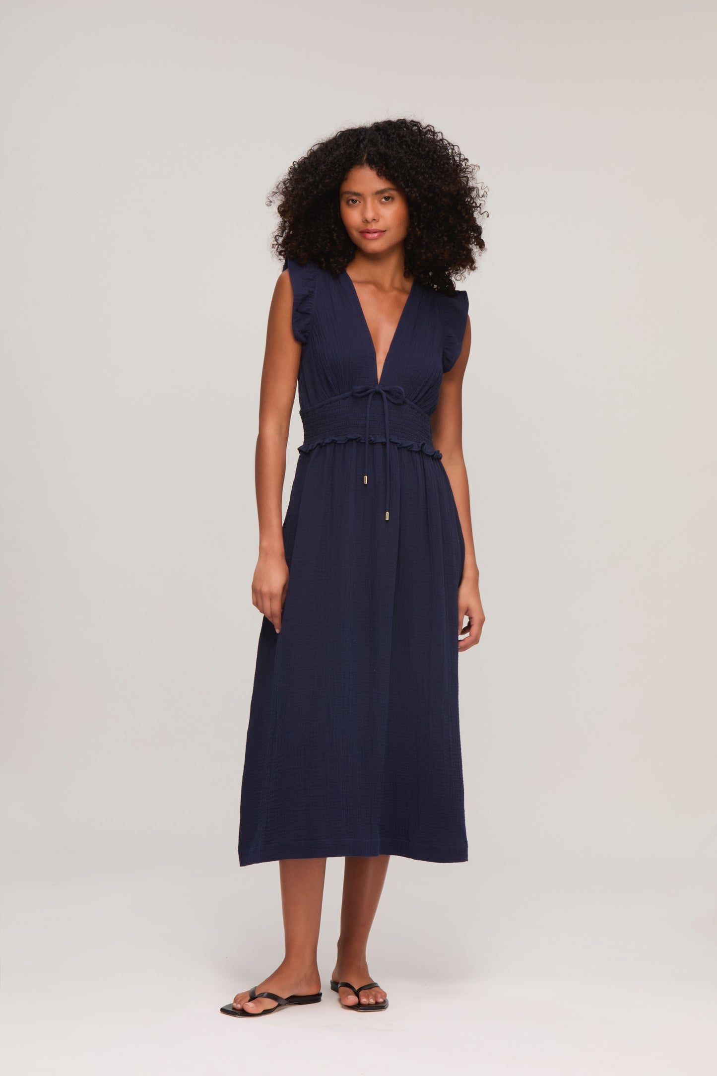 Navy Cheesecloth Smocked Midi Dress