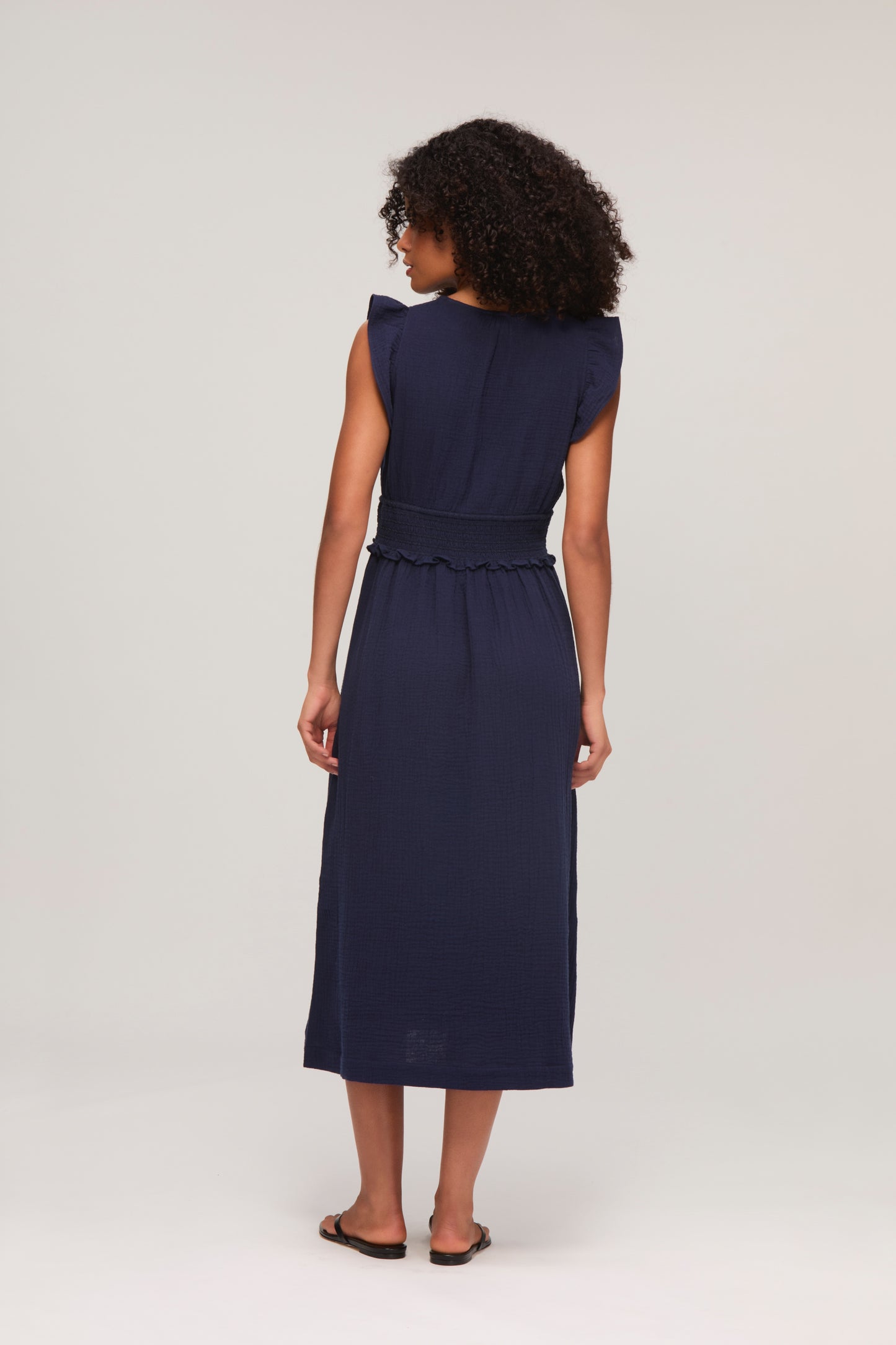 Navy Cheesecloth Smocked Midi Dress