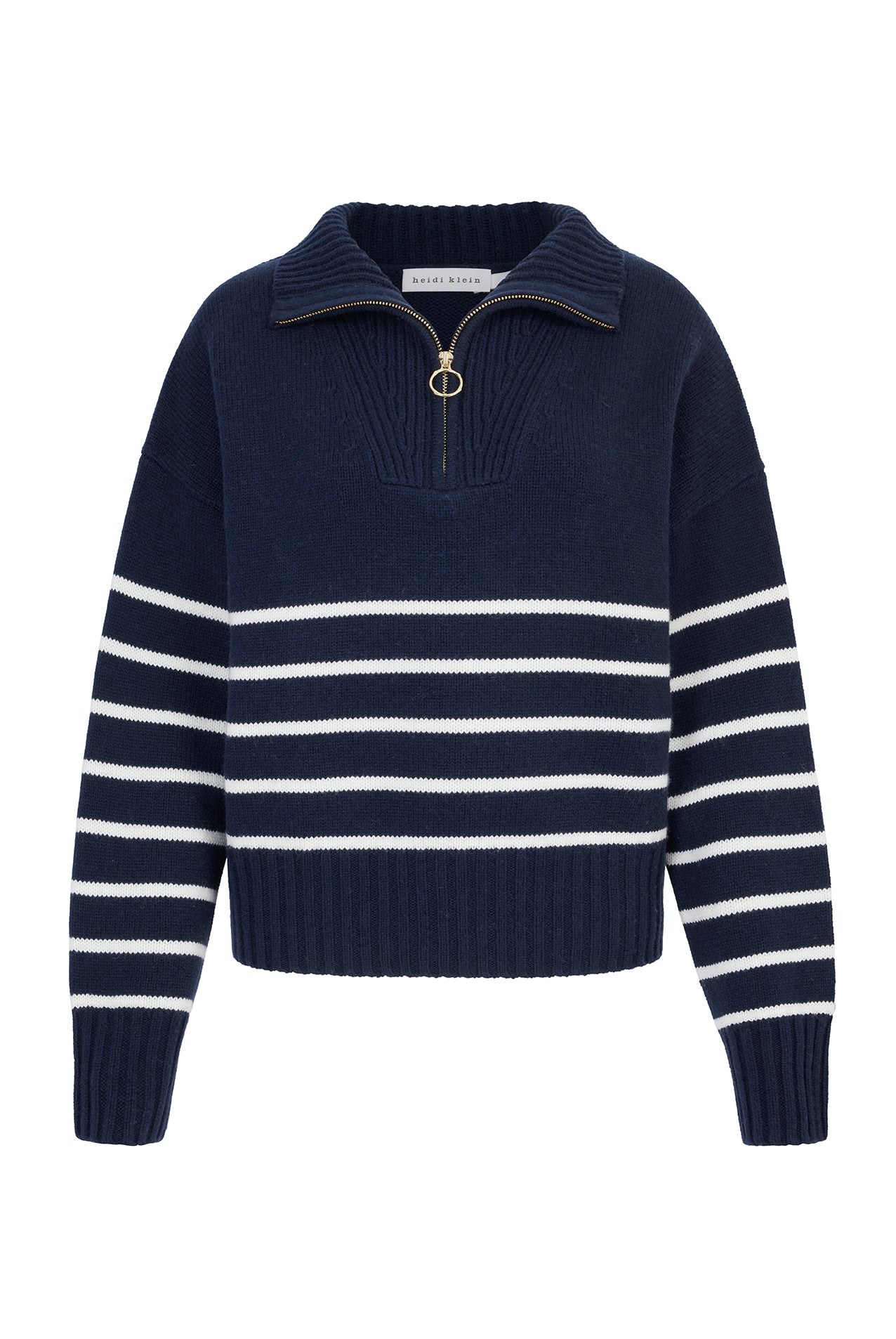 Navy and Cream half zip jumper made from merino wool and cashmere