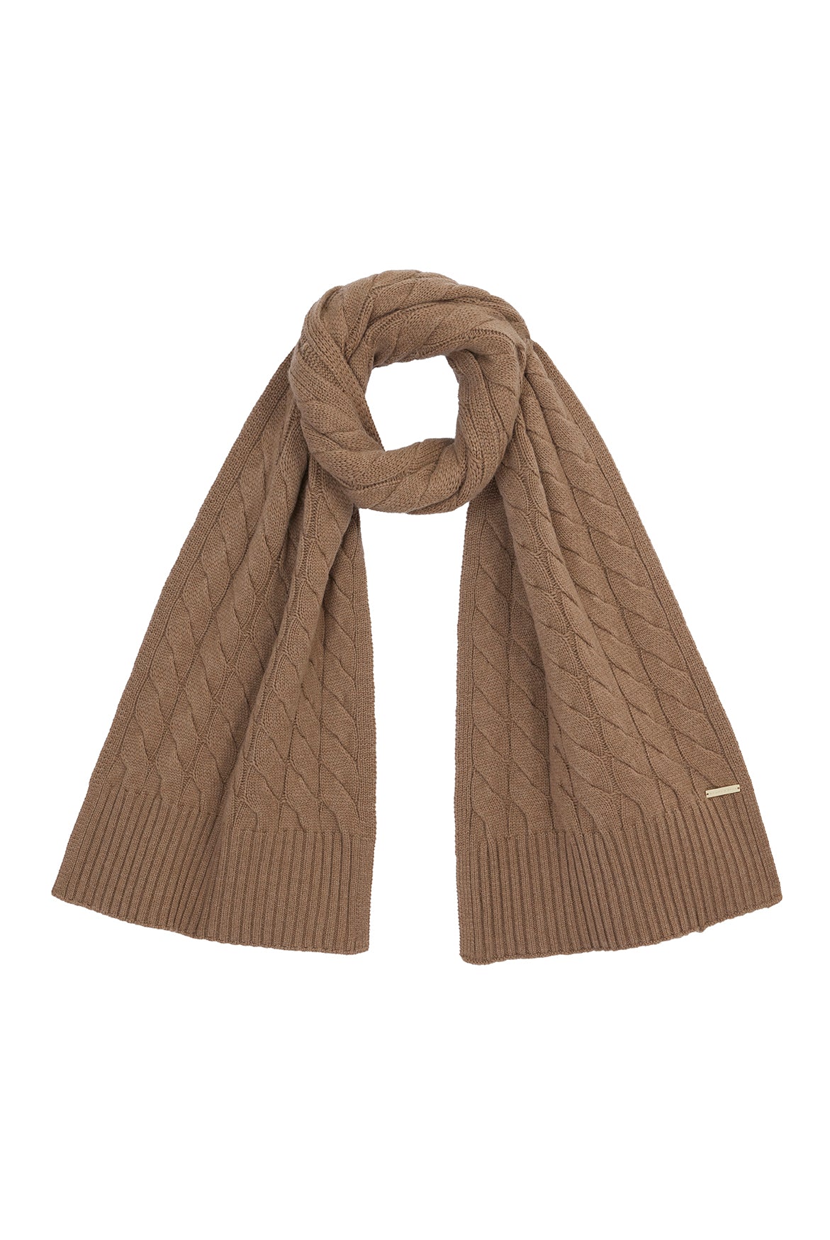 Camel cable knit scarf in merino wool and cashmere