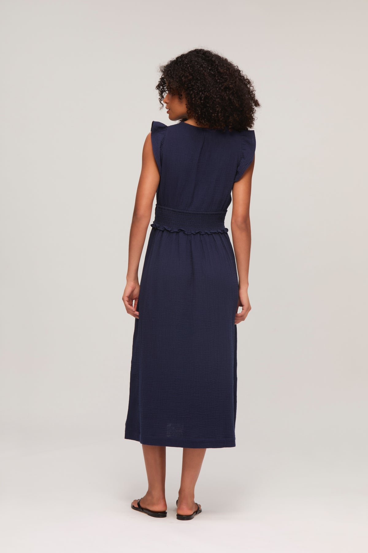 Navy Cheesecloth Smocked Midi Dress