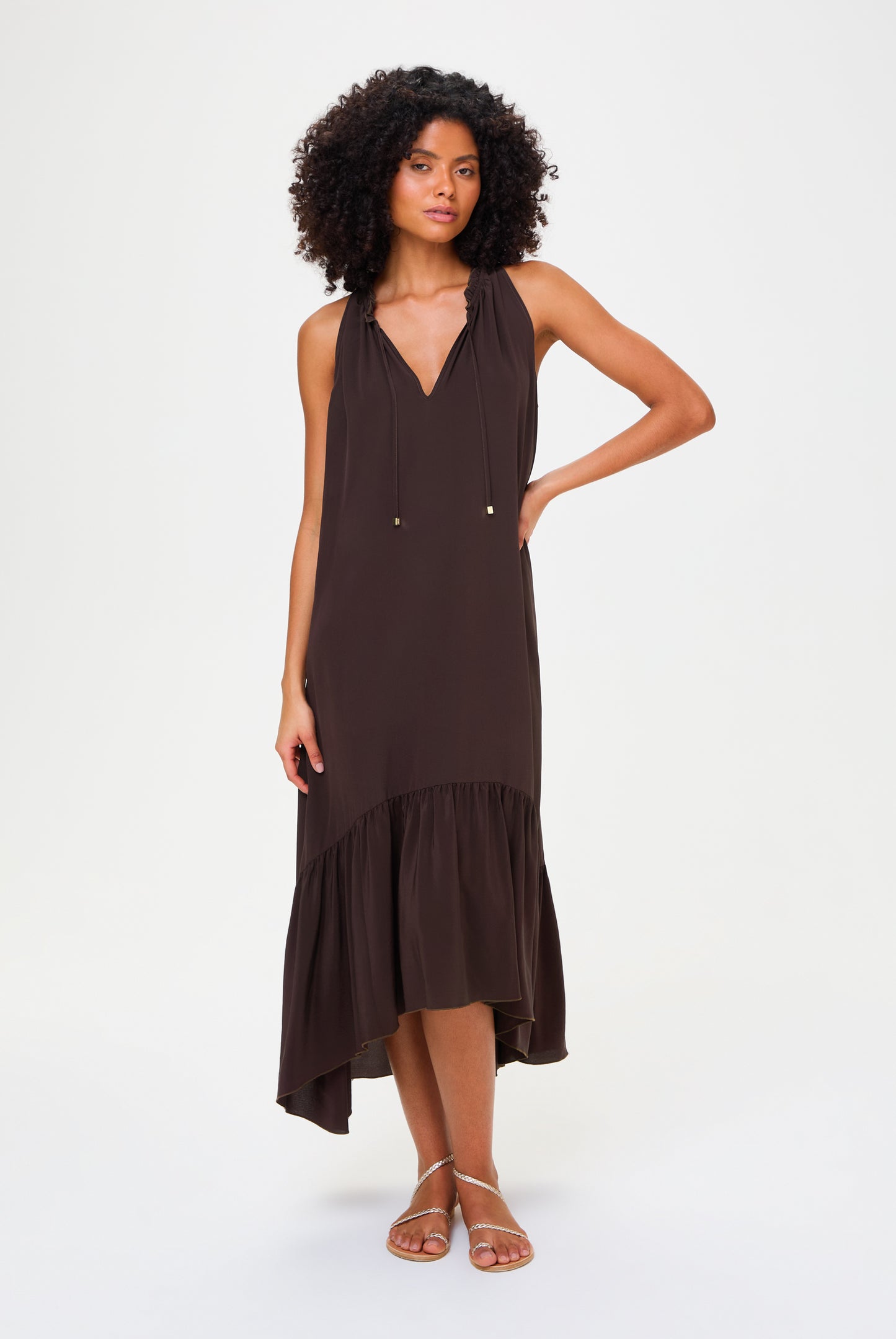 Coco Palm Silk Frill Midi Dress