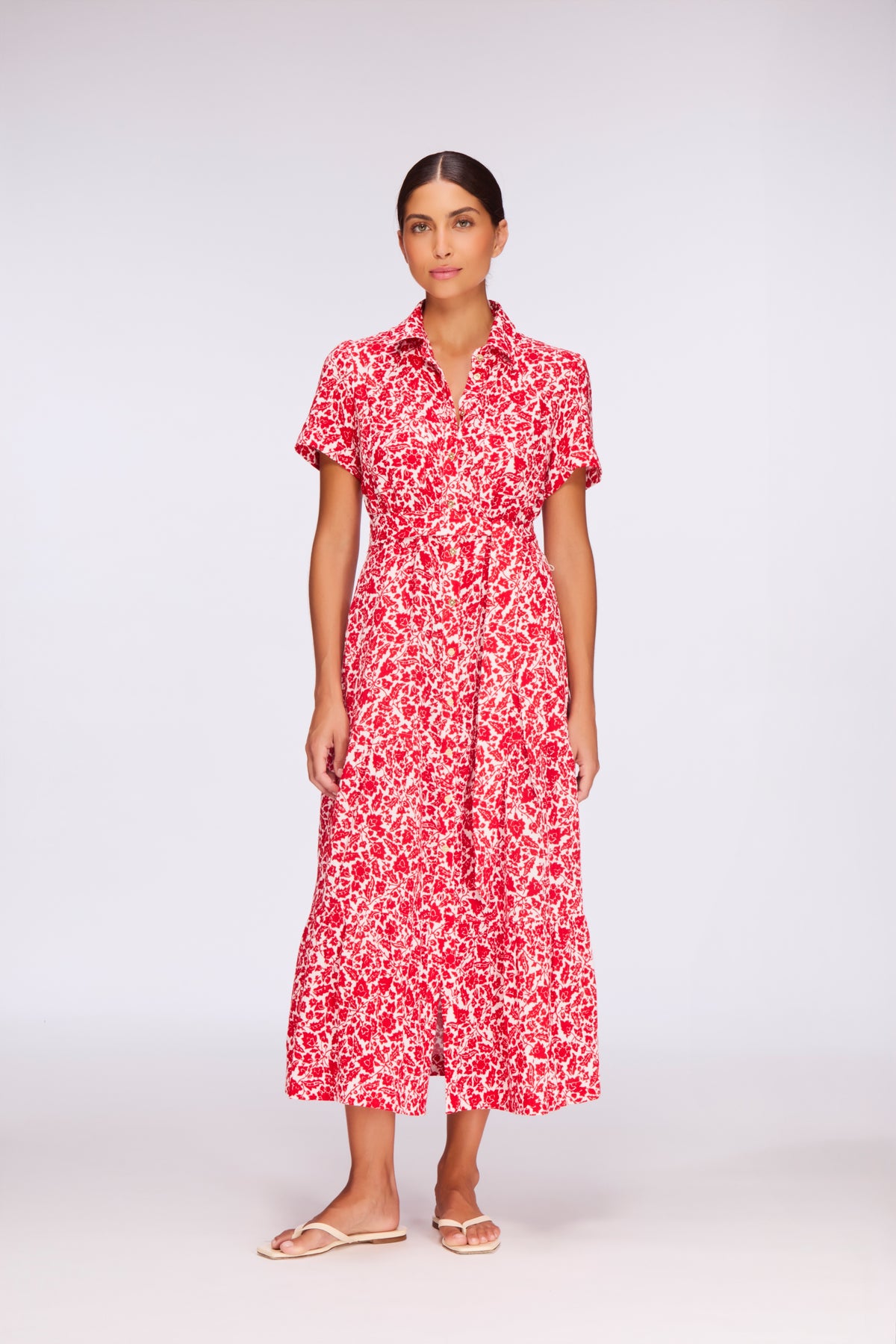 Red Floral Cheesecloth Shirt Dress