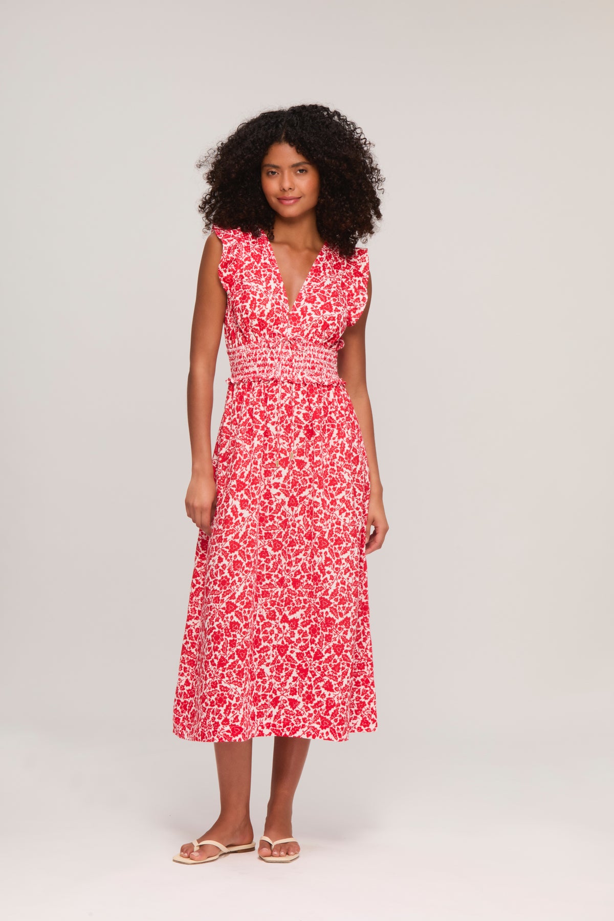 Red Floral Cheesecloth Smocked Midi Dress