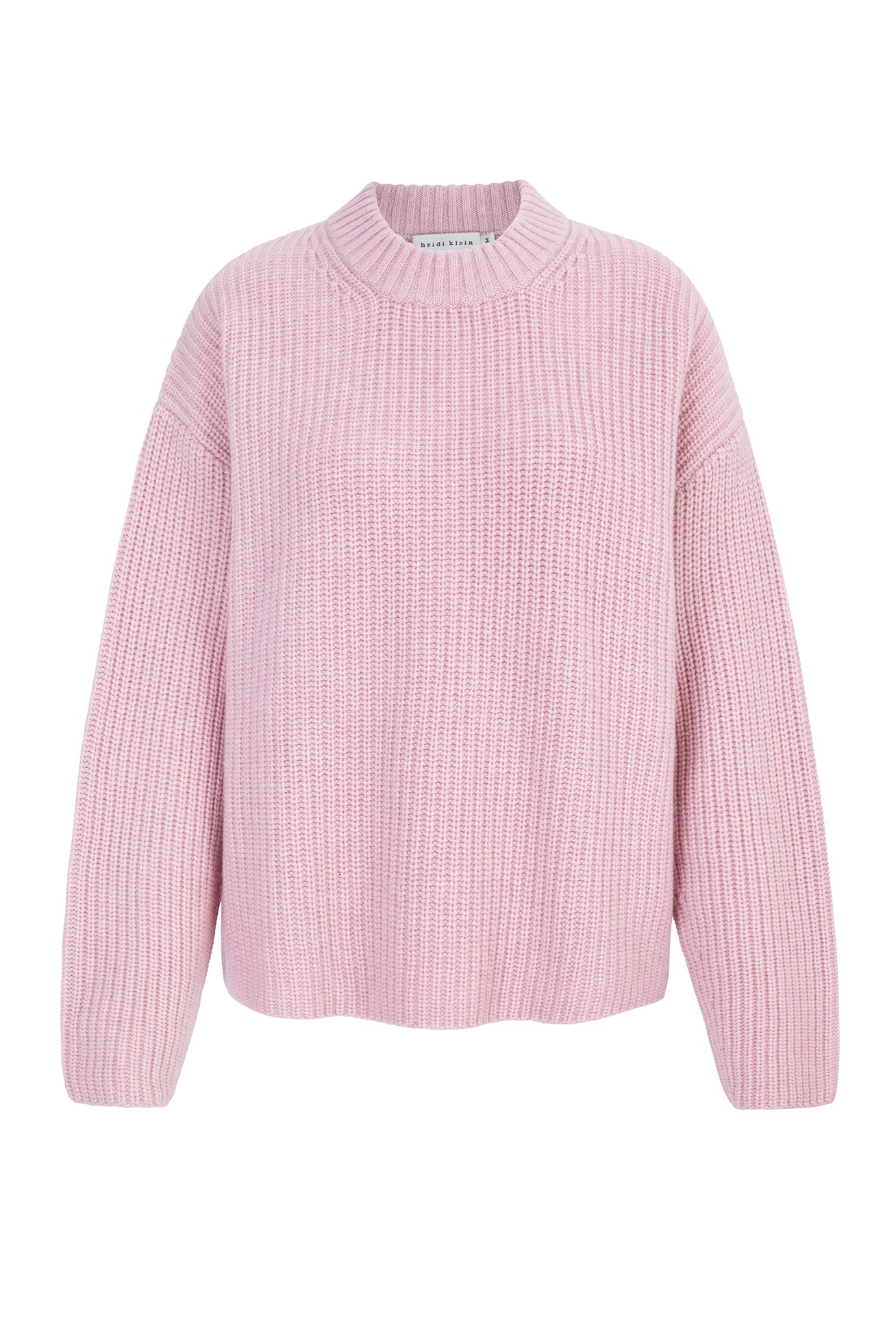 Pink open back crew neck jumper made from merino wool and cashmere
