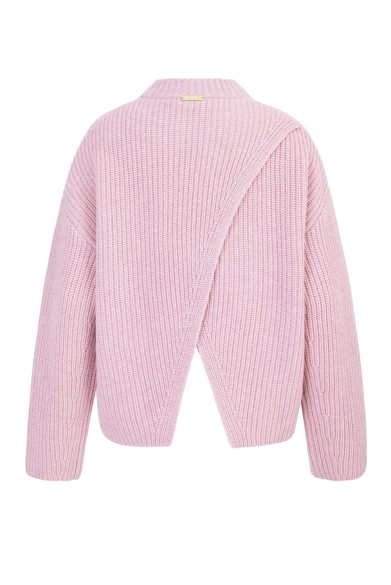 Pink open back crew neck jumper made from merino wool and cashmere