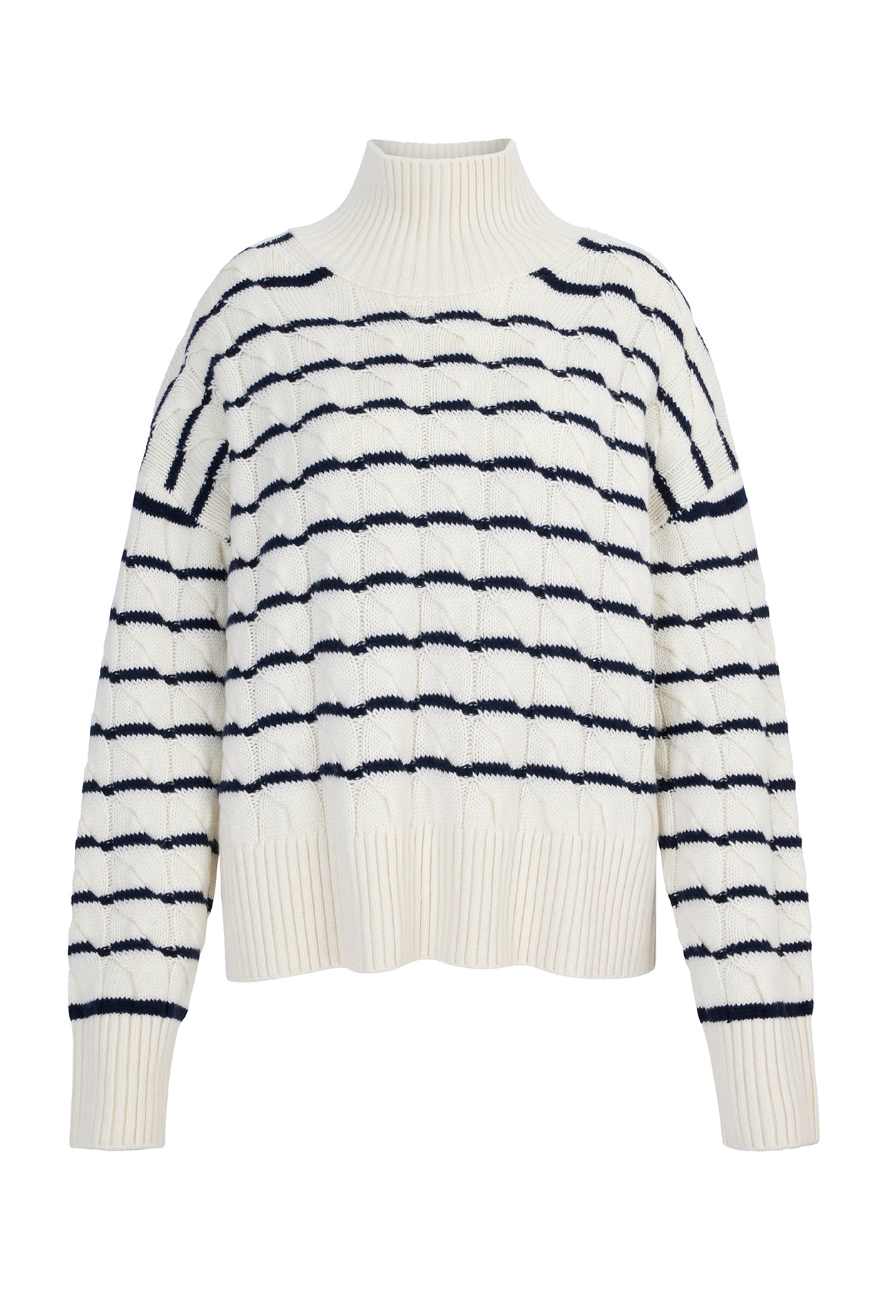Nautical stripe cable knit mock neck jumper made from merino wool and cashmere