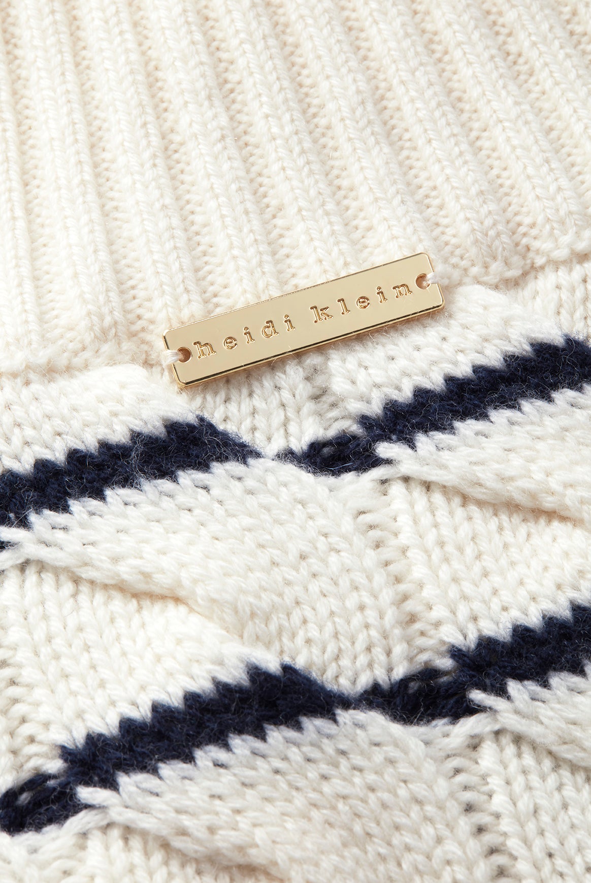 Nautical stripe cable knit mock neck jumper made from merino wool and cashmere