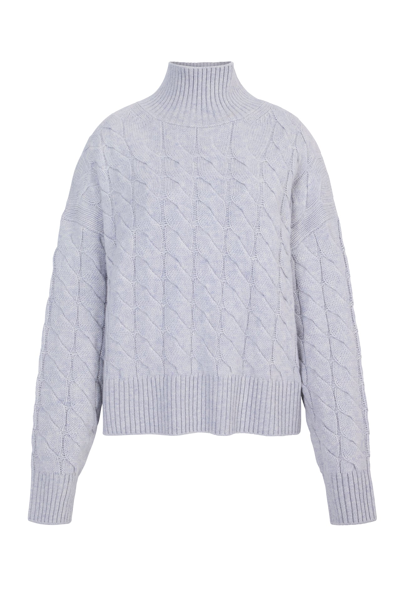 Grey cable knit mock neck jumper made from merino wool and cashmere