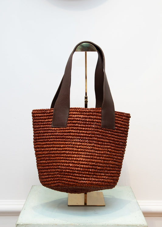 Sensi Studio Brown Medium Straw Tote With Leather Handle