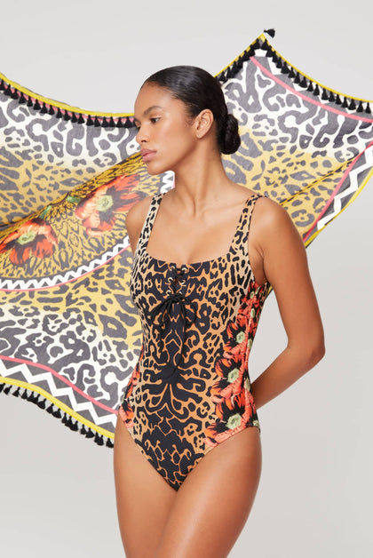 Heidi Klein - UK Store - Leopard Lace Up Square Neck One Piece