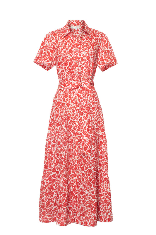 Red Floral Cheesecloth Shirt Dress